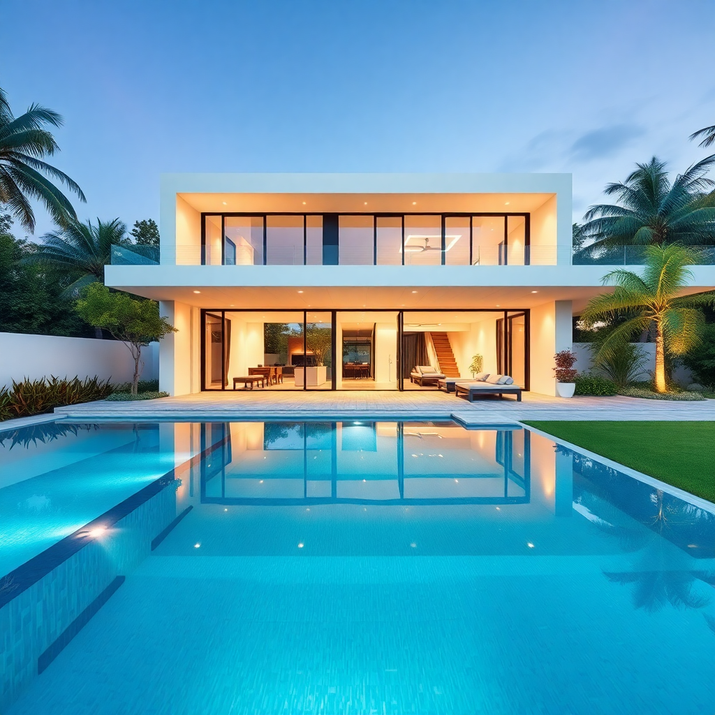 modern luxury house with pool, contemporary architecture, beautiful garden