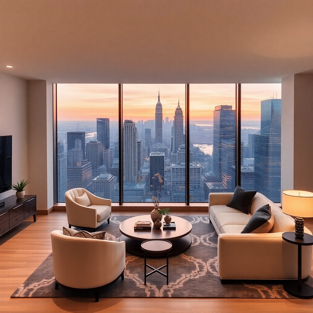 elegant downtown penthouse apartment with city view, modern interior design